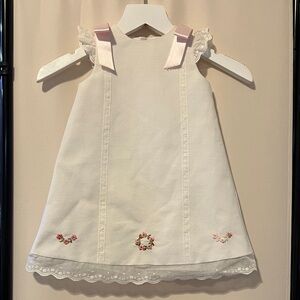 Luli & Me Timeless A Line white pique dress w/pink embroidery and bows size 6M